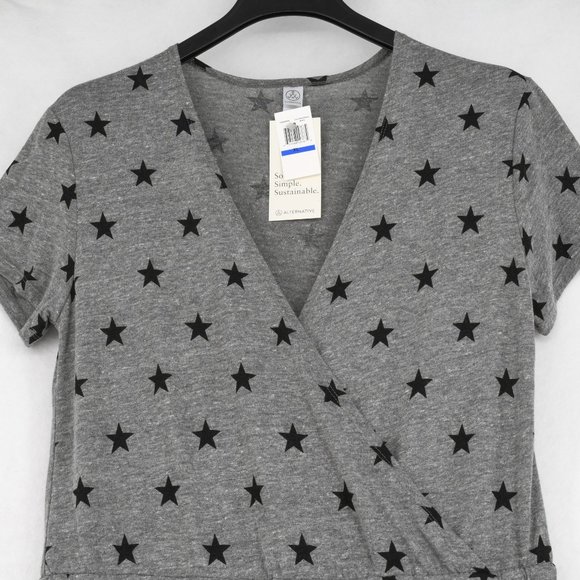 Alternative Jumpsuit Women Faux Wrap V-Neck Star Print Straight Leg Knit Gray - Picture 4 of 7